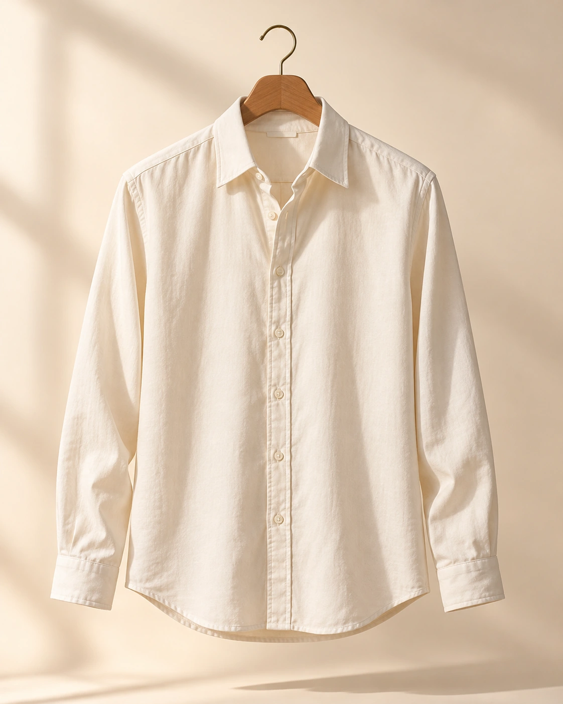 Illustration of an ivory men's button-down shirt on a wooden hanger against a warm cream studio background.